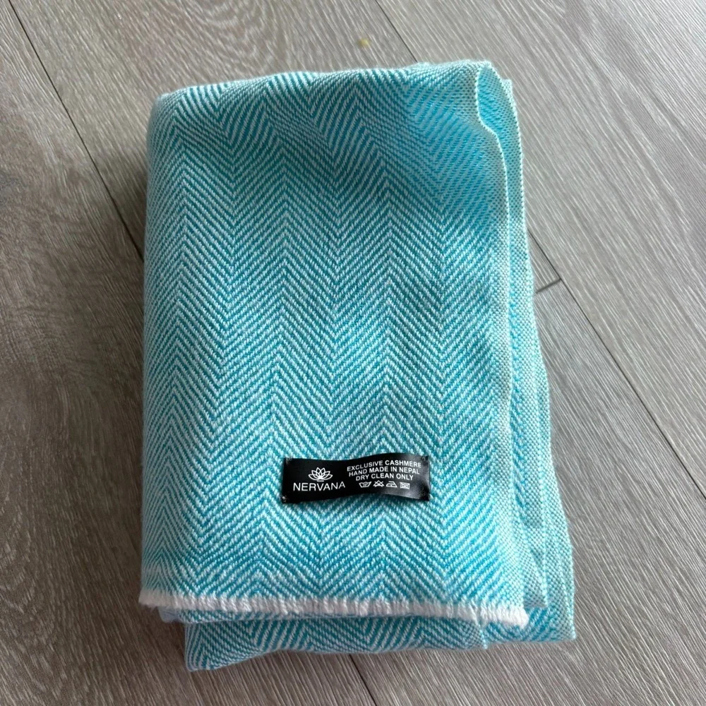 Nervana Unisex Blue Cashmere Herringbone Throw Blanket Shawl Scarf 28x80